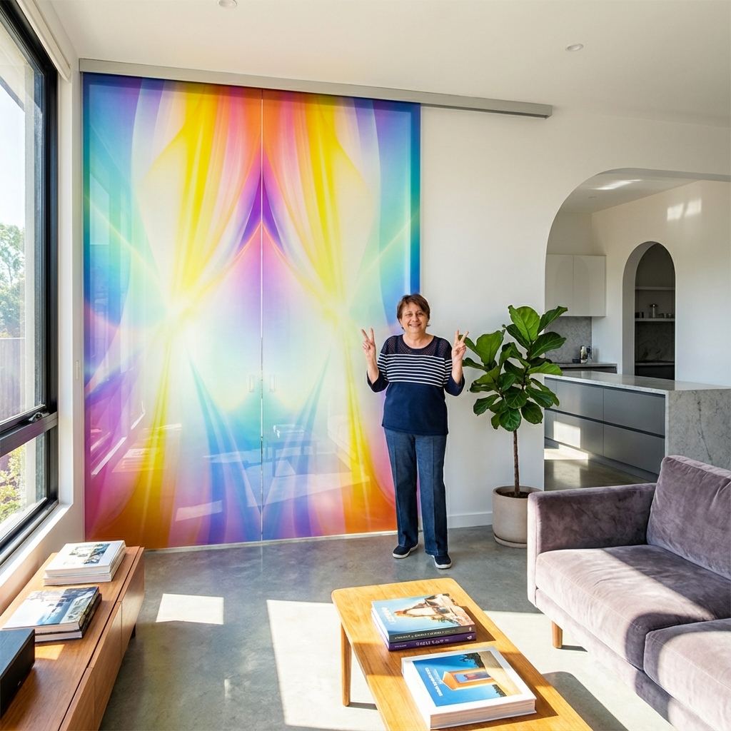 Doppia porta in vetro scorrevole con decoro arcobaleno a Mirano