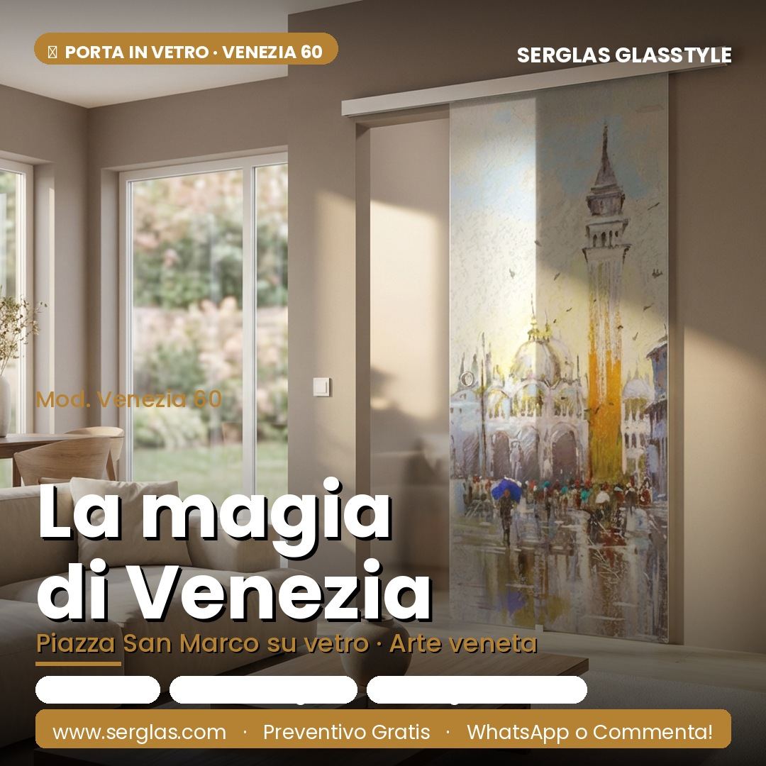 Porta in vetro con decoro dedicato a Venezia e Piazza San Marco a Preganziol