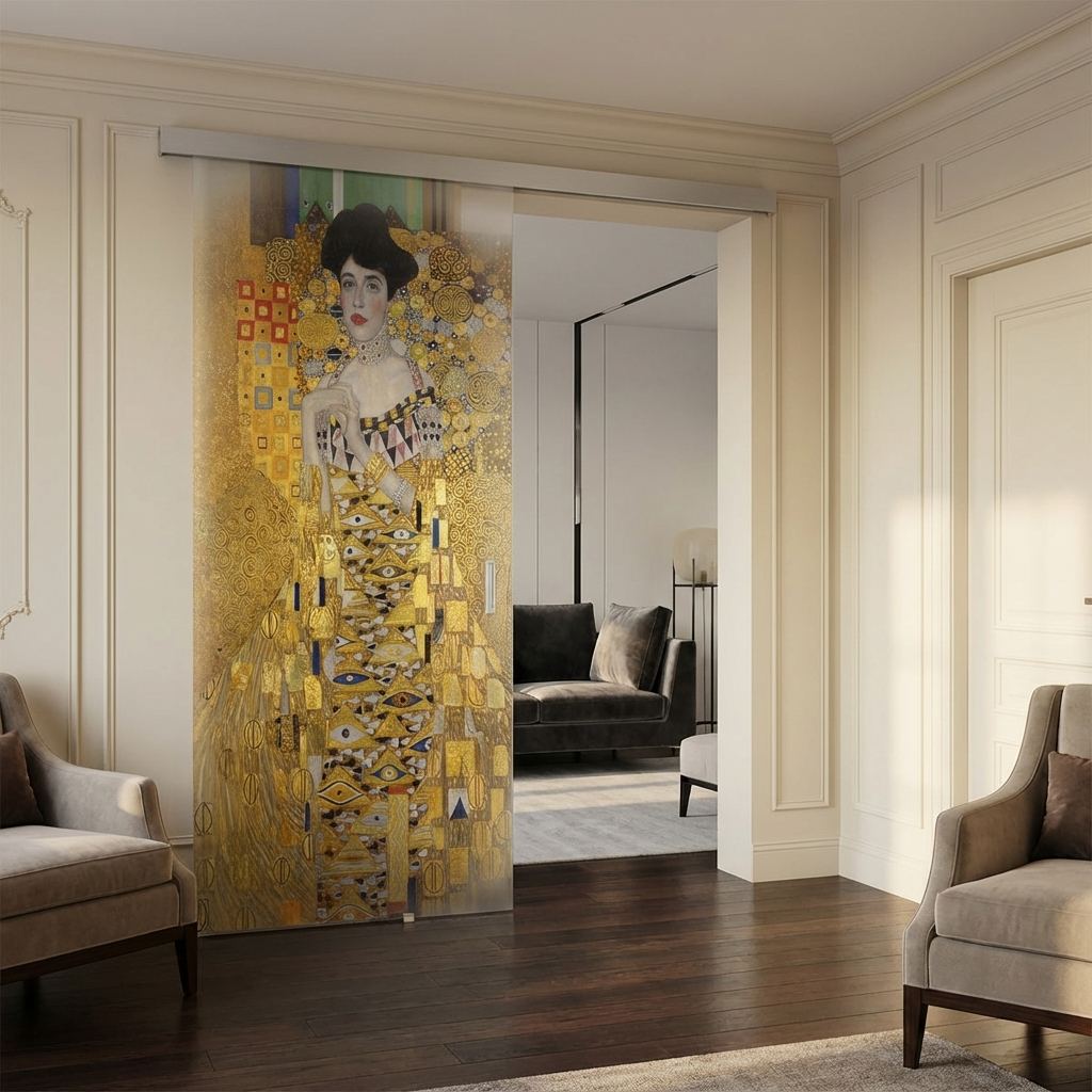 Porta in vetro scorrevole con decoro artistico dorato per ingresso a Oriago di Mira