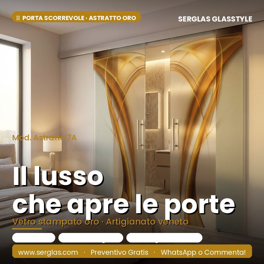 Porta in vetro scorrevole con decoro astratto dorato per ingresso a Arzignano