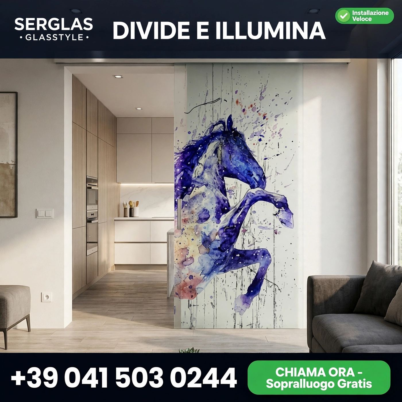 Porta in vetro con decoro cavallo ad acquerello a Pordenone