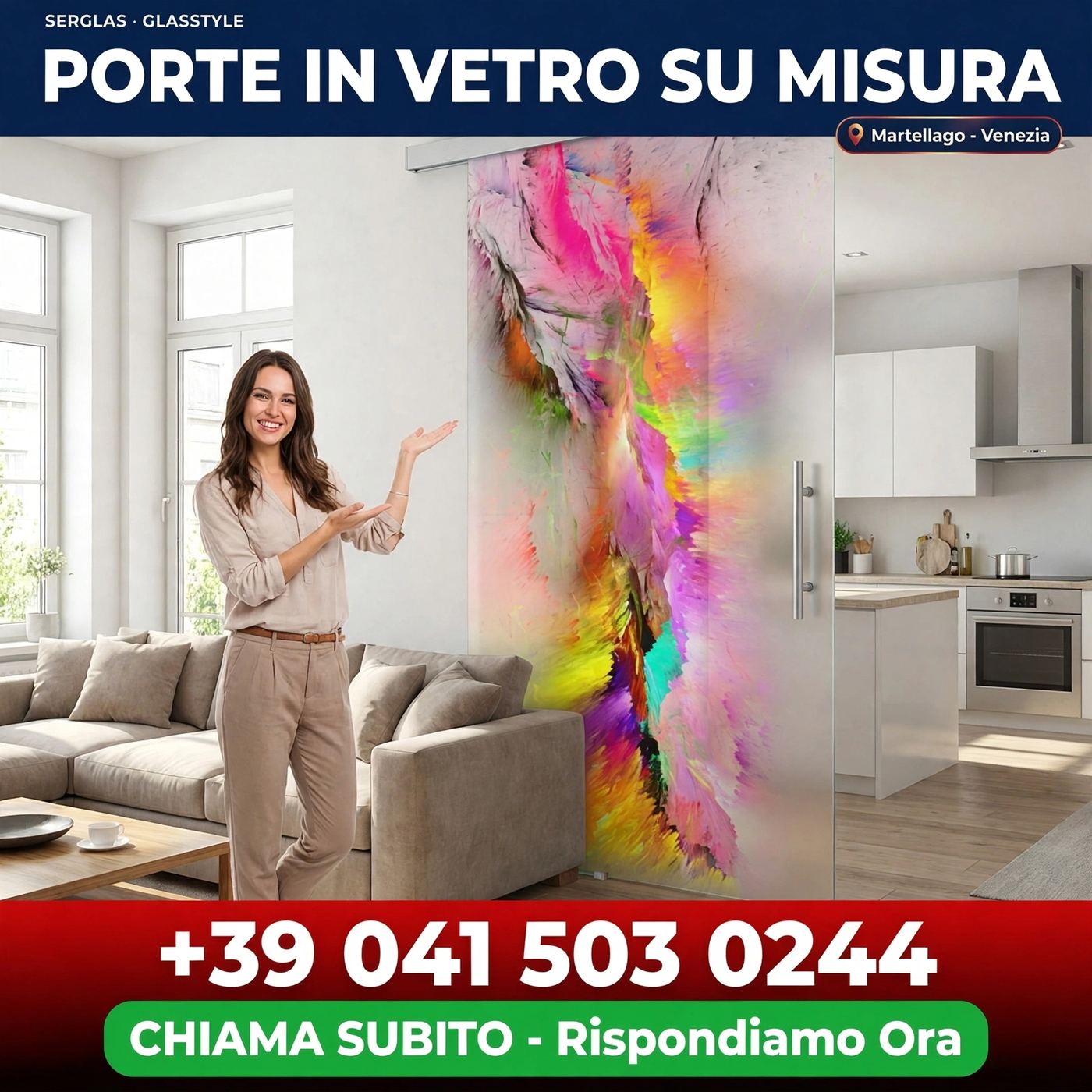 Porta scorrevole in vetro con decoro artistico multicolore a Venezia