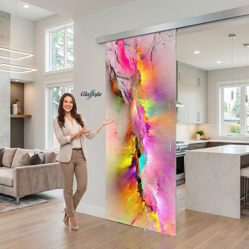 Porta in vetro scorrevole con decoro multicolore per open space a Schio