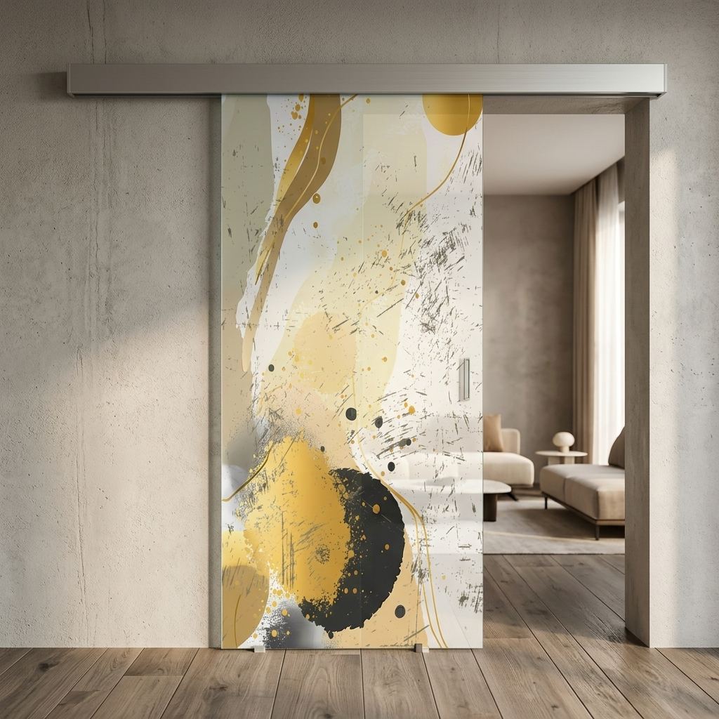 Porta in vetro scorrevole con decoro oro e nero per ingresso a Trebaseleghe