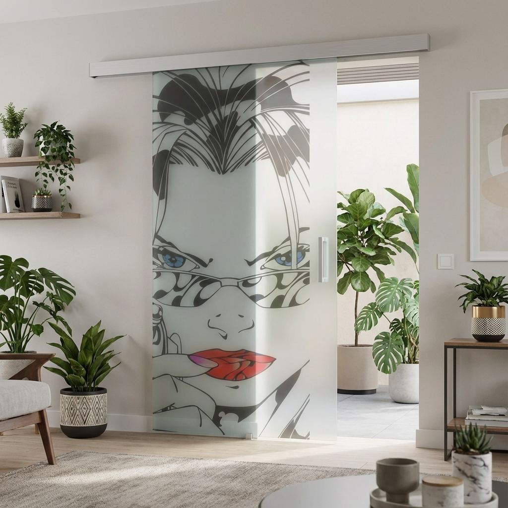 Porta in vetro satinato con decoro grafico illustrato a Oderzo