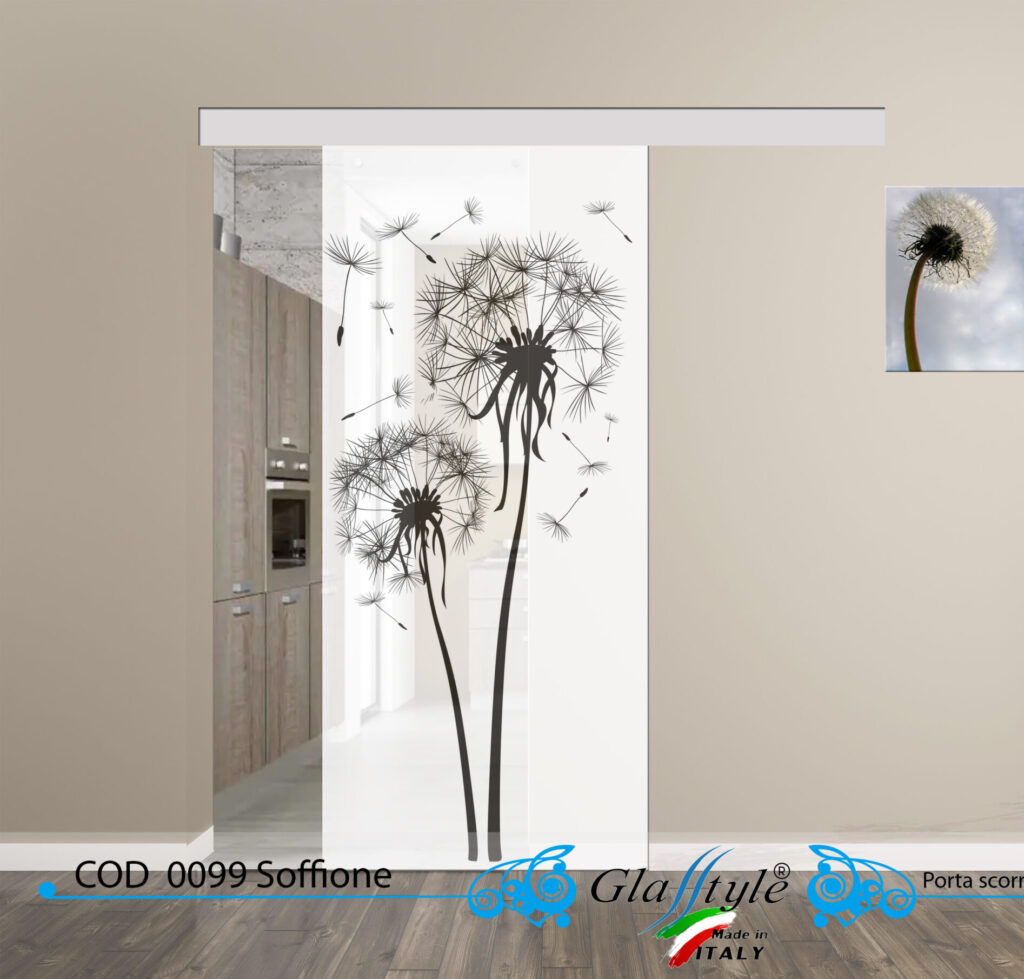 Porta scorrevole decorata con un'opera d'arte colorata in un ambiente interno.