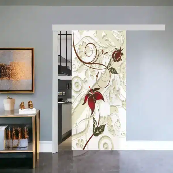 Porte in vetro scorrevole di design con motivo "Fantasia d'Inverno", eleganti e su misura, ideali per ambienti moderni e raffinati.