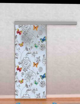 Porta scorrevole in vetro decorata con un'opera d'arte colorata in un ambiente interno.