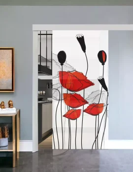 Immagine di una porta in vetro scorrevole decorata con un motivo di papaveri rossi